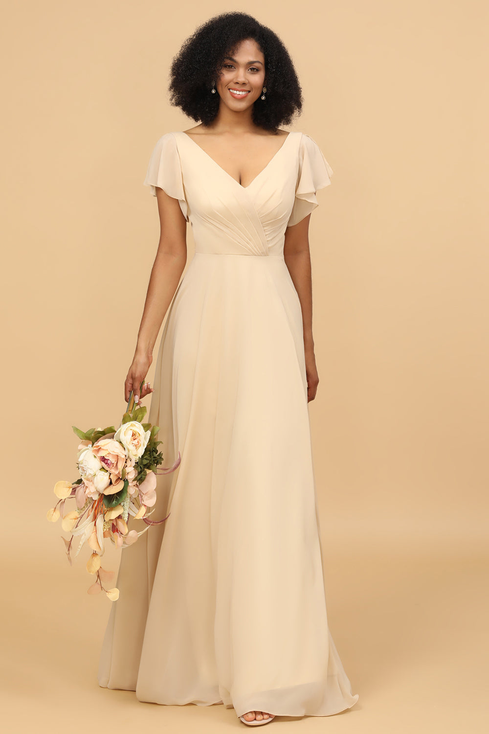 Champagne Beanie Sleeves Long Chiffon Bridesmaid Dress