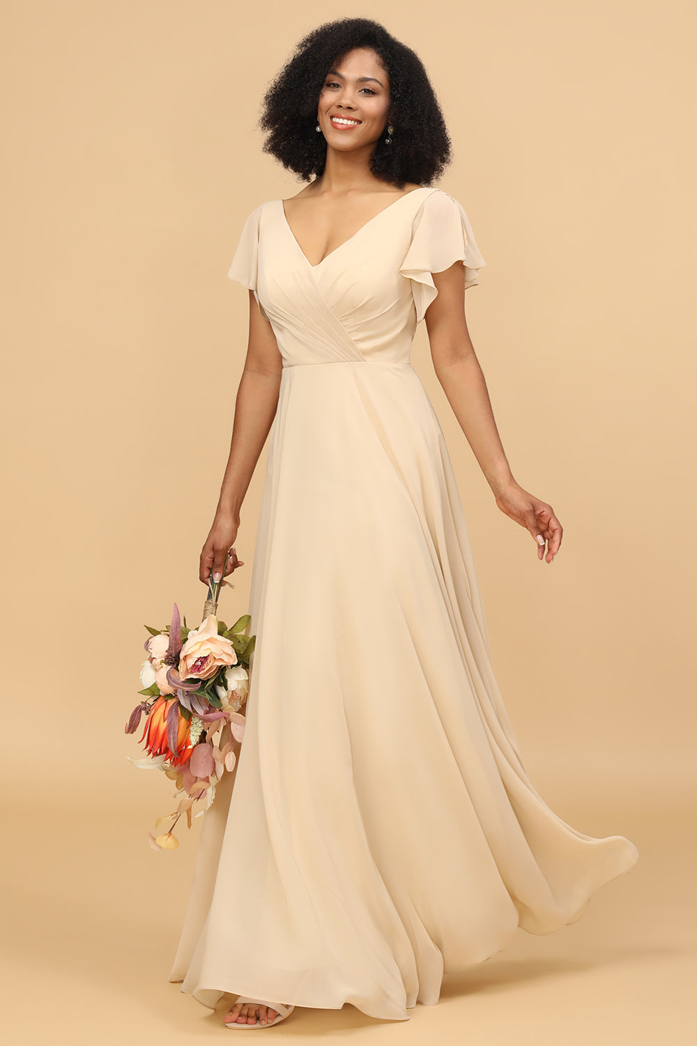 Champagne Beanie Sleeves Long Chiffon Bridesmaid Dress