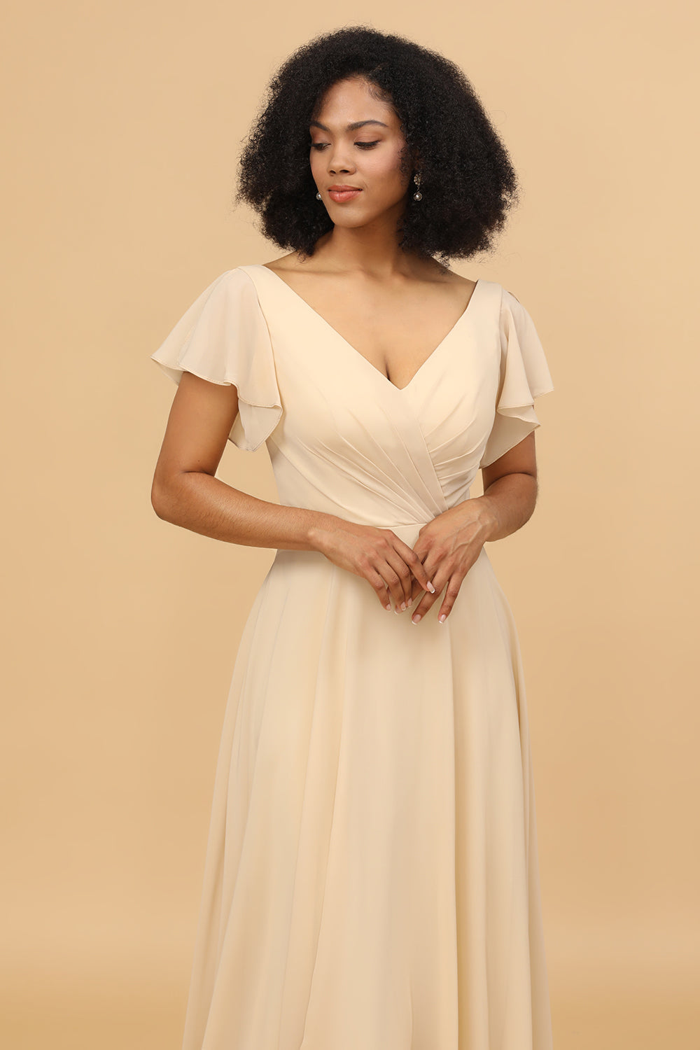 Champagne Beanie Sleeves Long Chiffon Bridesmaid Dress