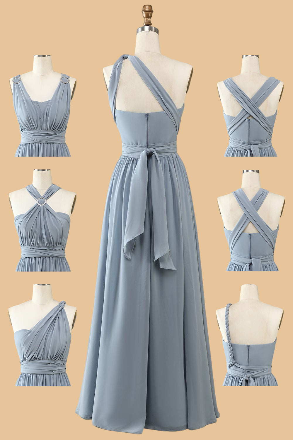 A-Line One Shoulder V-Neck Halter Floor-Length Gray Blue Bridesmaid Dress