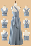 A-Line One Shoulder V-Neck Halter Floor-Length Gray Blue Bridesmaid Dress
