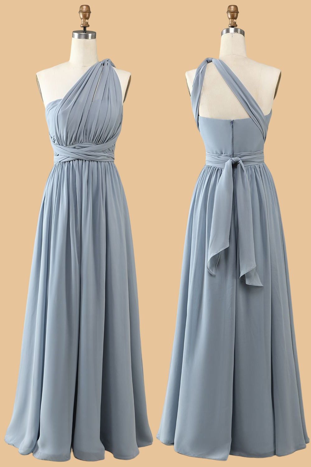 A-Line One Shoulder V-Neck Halter Floor-Length Gray Blue Bridesmaid Dress