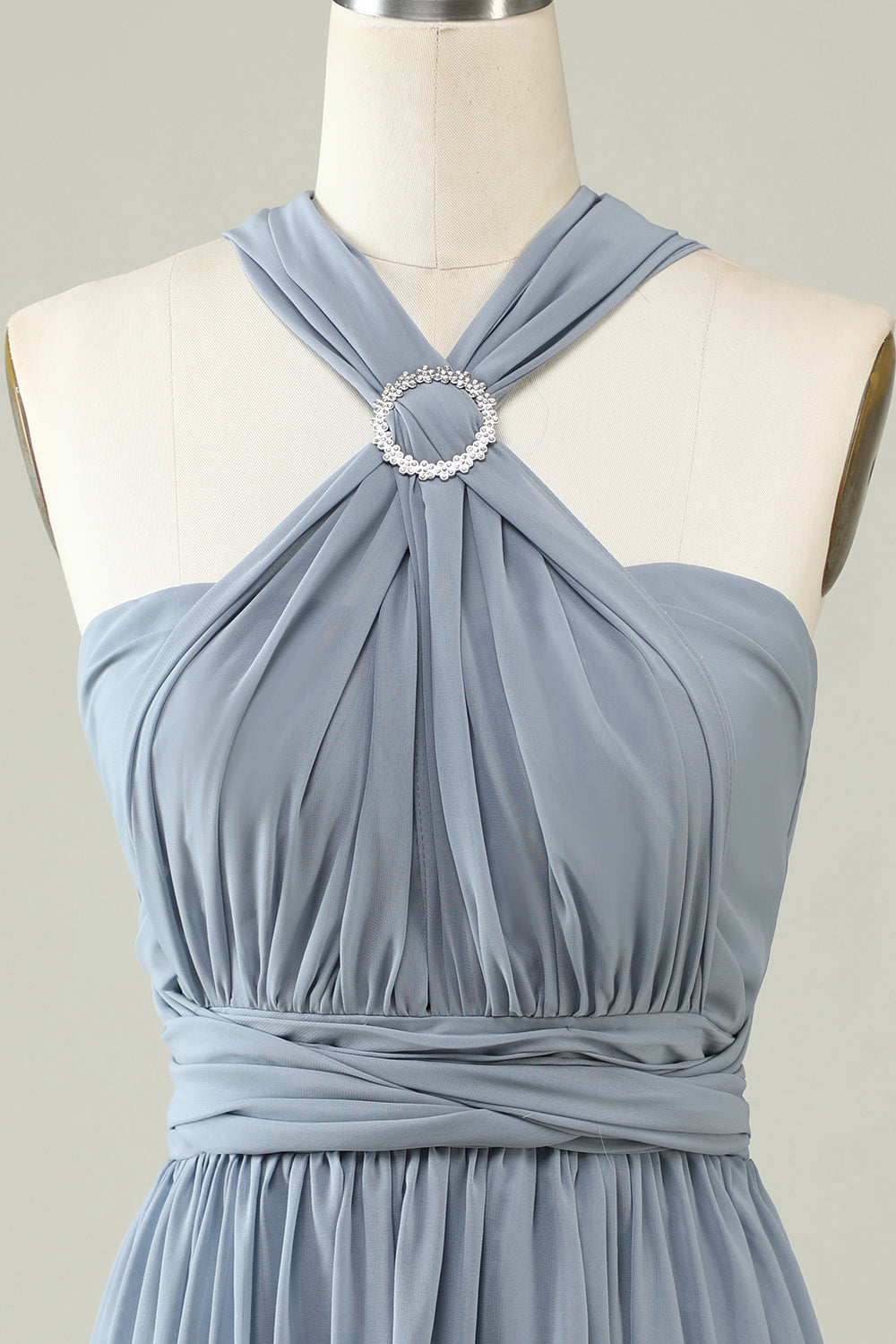 A-Line One Shoulder V-Neck Halter Floor-Length Gray Blue Bridesmaid Dress