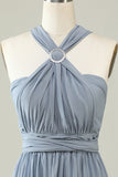 A-Line One Shoulder V-Neck Halter Floor-Length Gray Blue Bridesmaid Dress