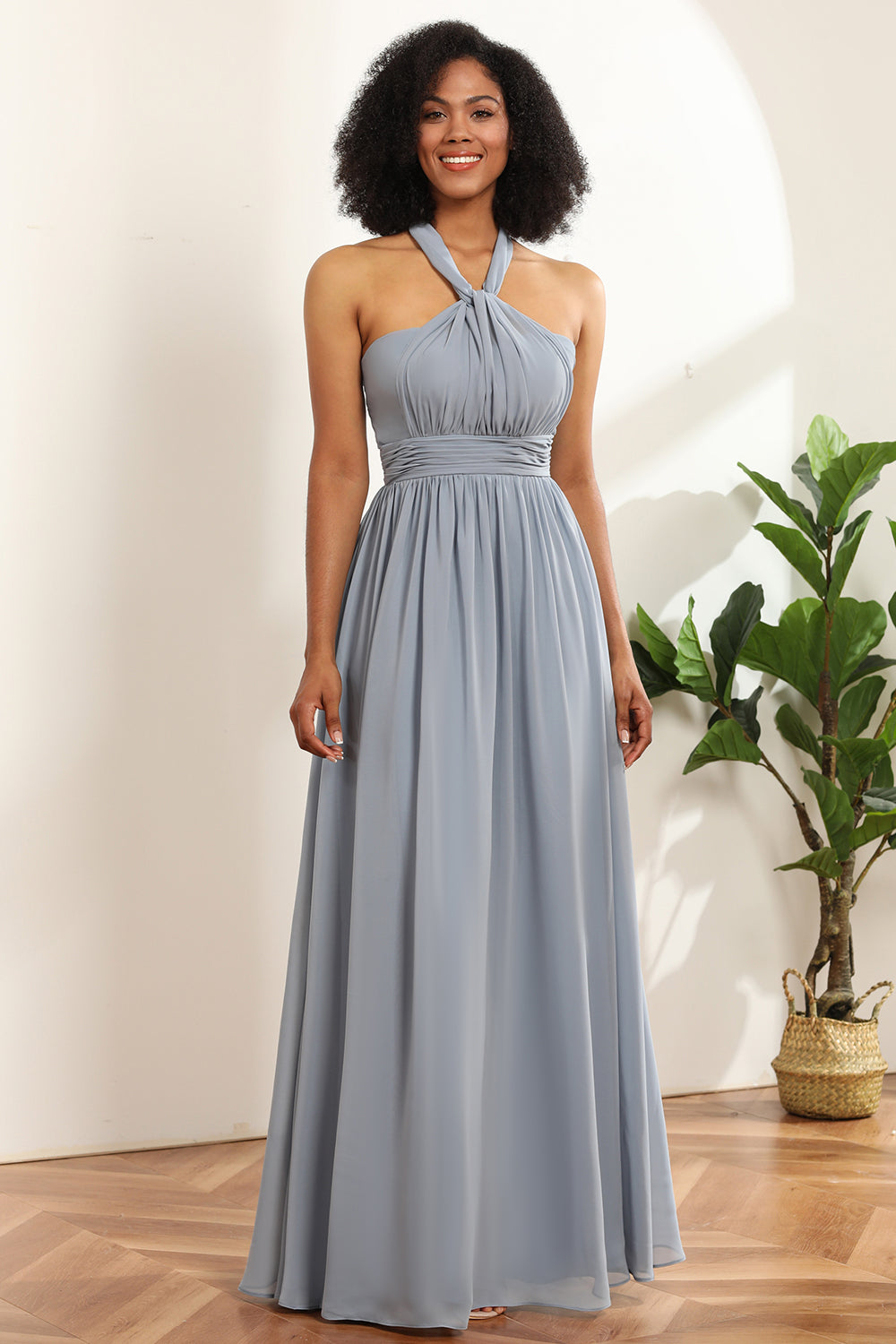 Gray Blue Convertible Long Chiffon Bridesmaid Dress