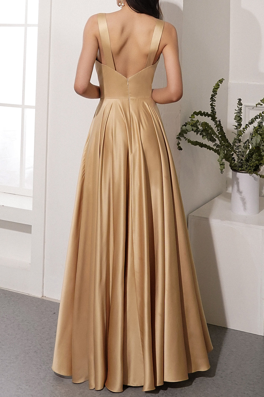 Champagne Satin Long Prom Dress with Slit