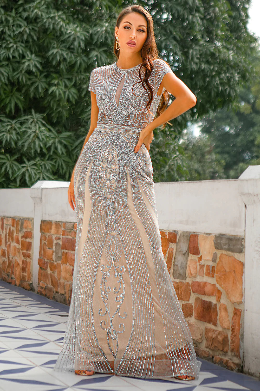 Leely Women Glitter Silver Long Prom Dress Mermaid Beaded Formal Dress With Embroidery