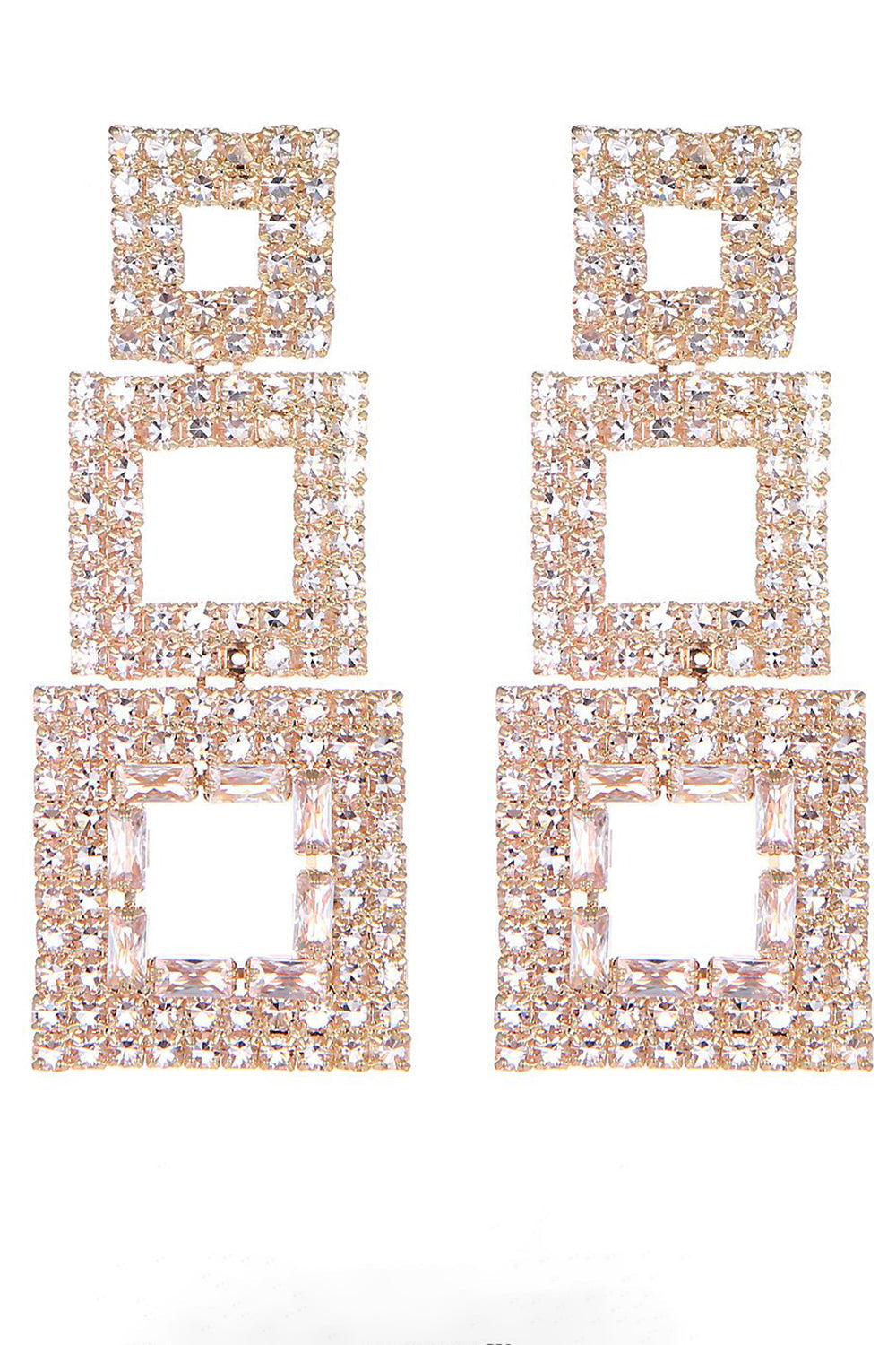 Sparkly Silver Geometric Patchwork Square Long Rhinestones Earrings