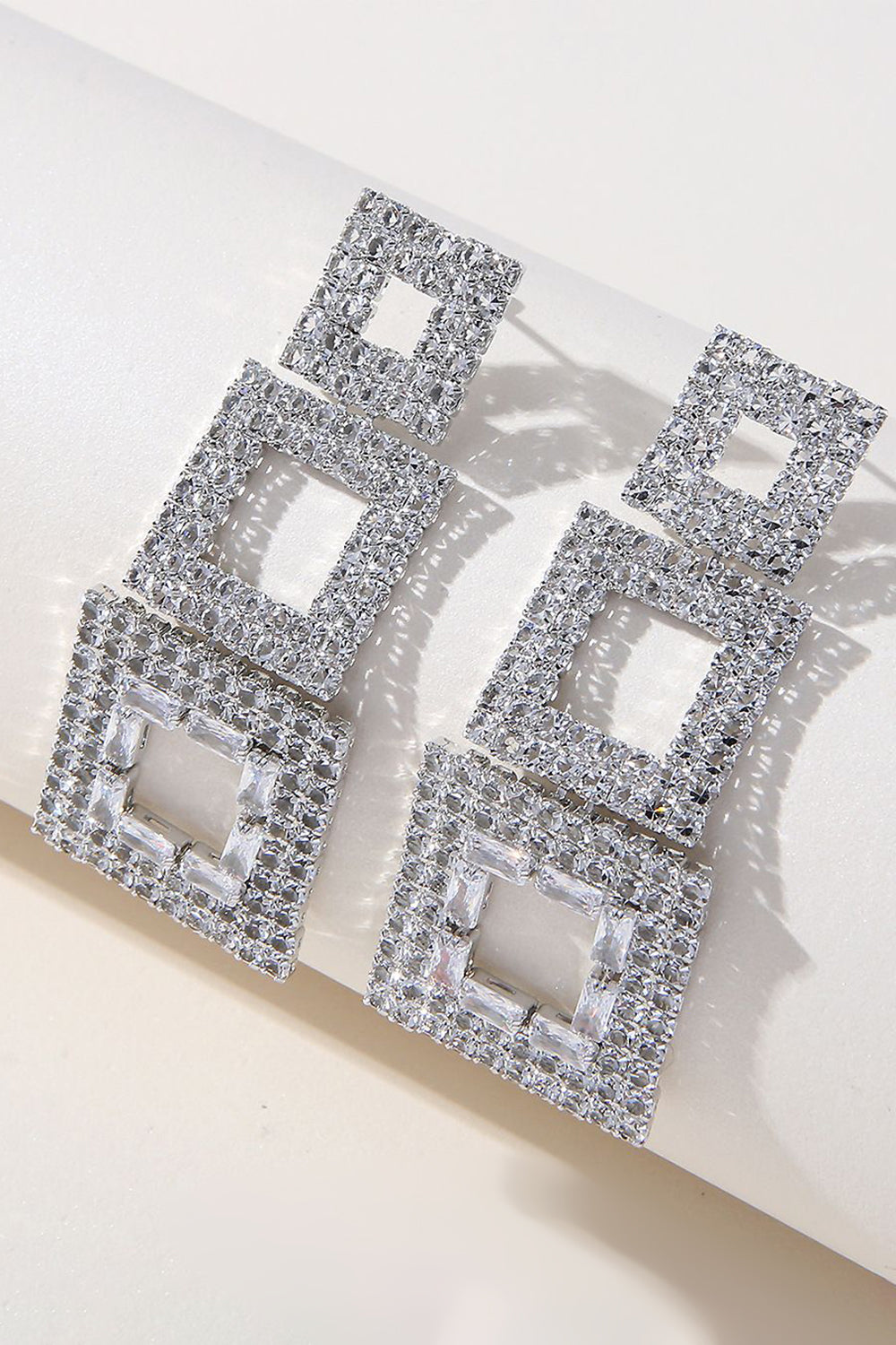 Sparkly Silver Geometric Patchwork Square Long Rhinestones Earrings