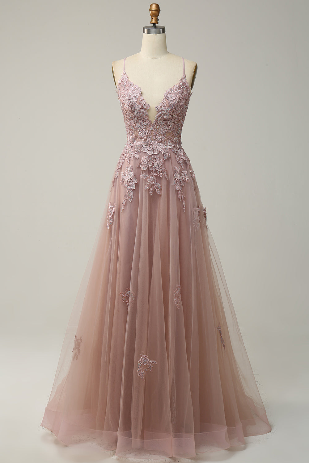 Green A Line Spaghetti Straps Applique Tulle Prom Dress with Slit