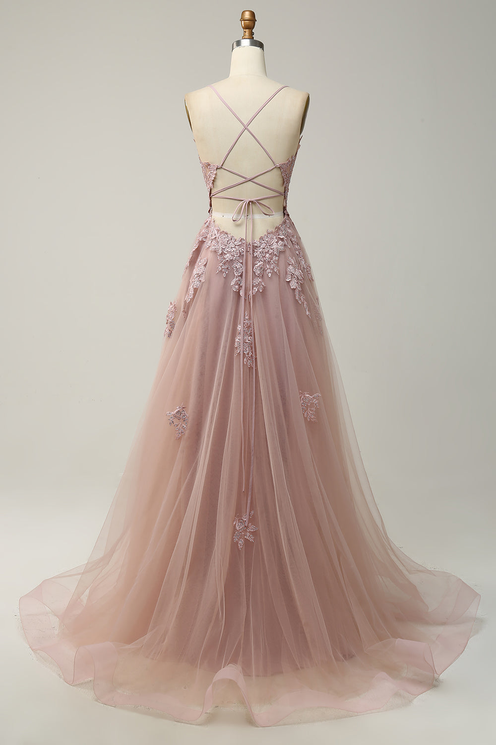 Green A Line Spaghetti Straps Applique Tulle Prom Dress with Slit
