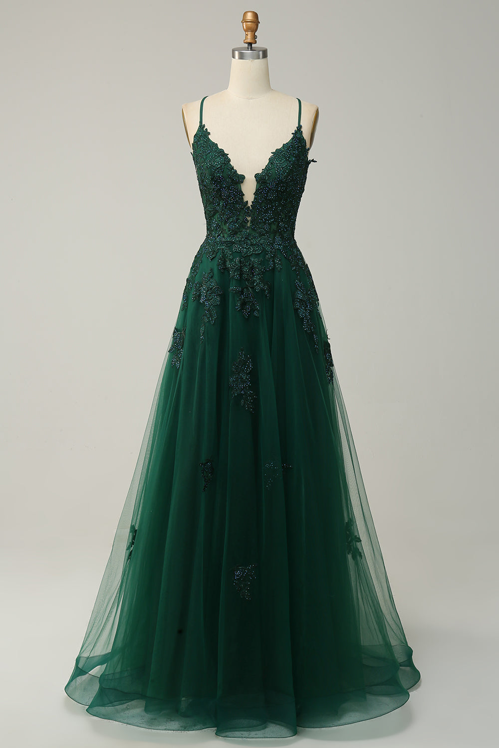 Green A Line Spaghetti Straps Applique Tulle Prom Dress with Slit