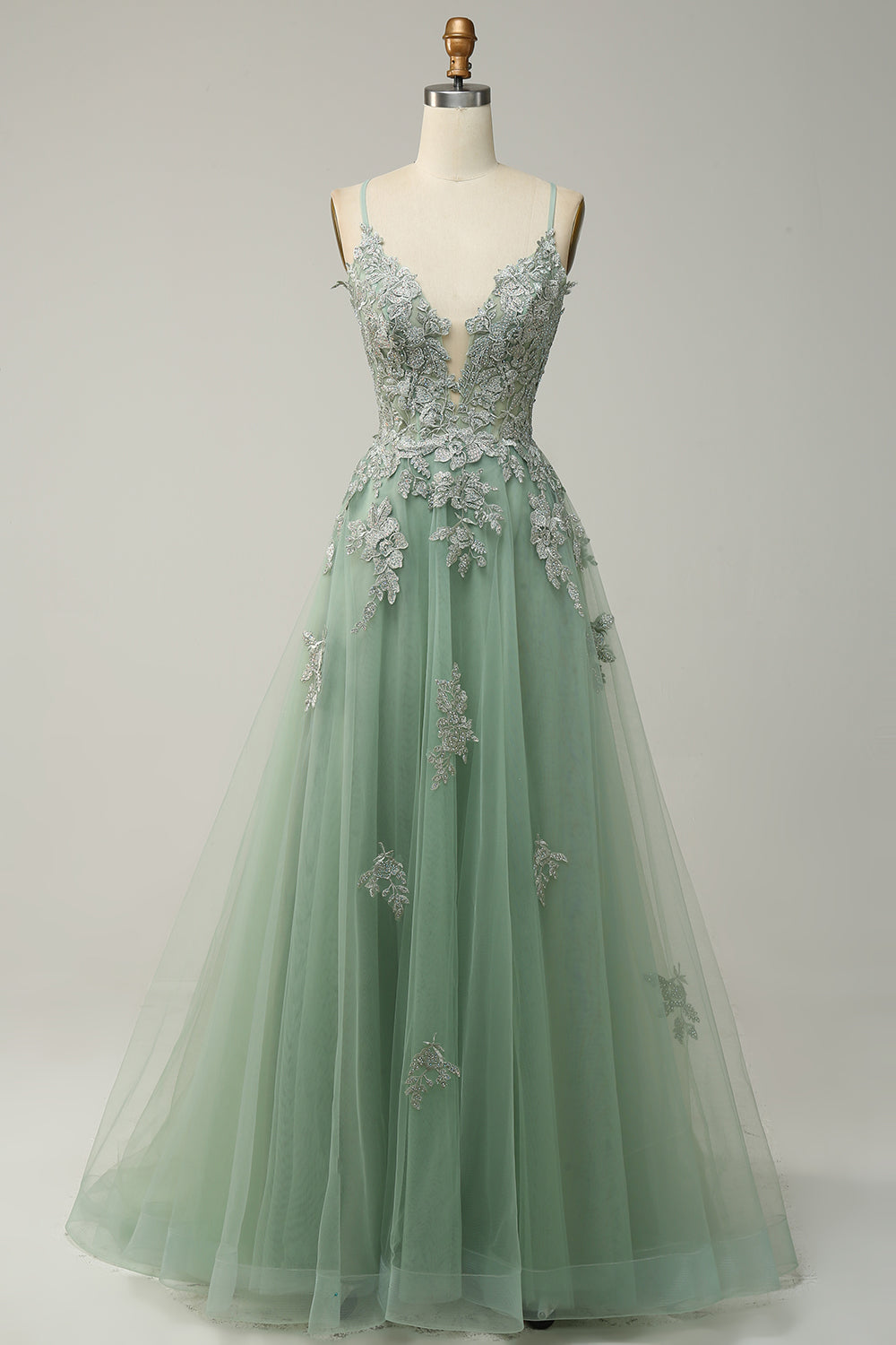 Green A Line Spaghetti Straps Applique Tulle Prom Dress with Slit