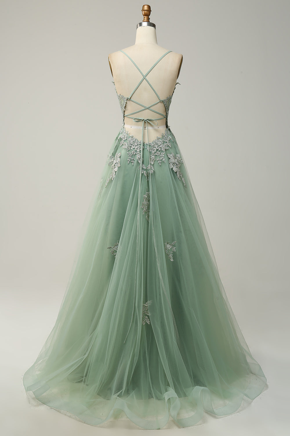 Green A Line Spaghetti Straps Applique Tulle Prom Dress with Slit