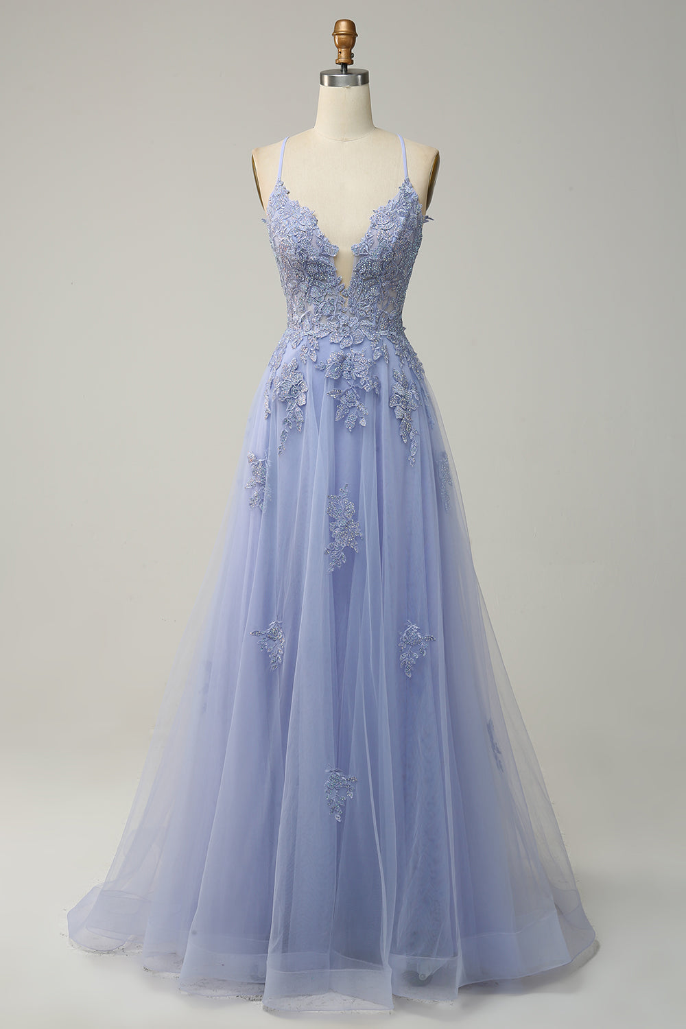 Green A Line Spaghetti Straps Applique Tulle Prom Dress with Slit