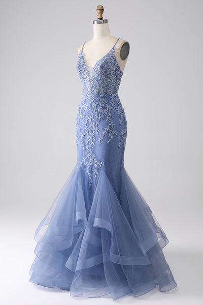 Leely Women Grey Blue Prom Dress Mermaid Spaghetti Strap Beaded ...