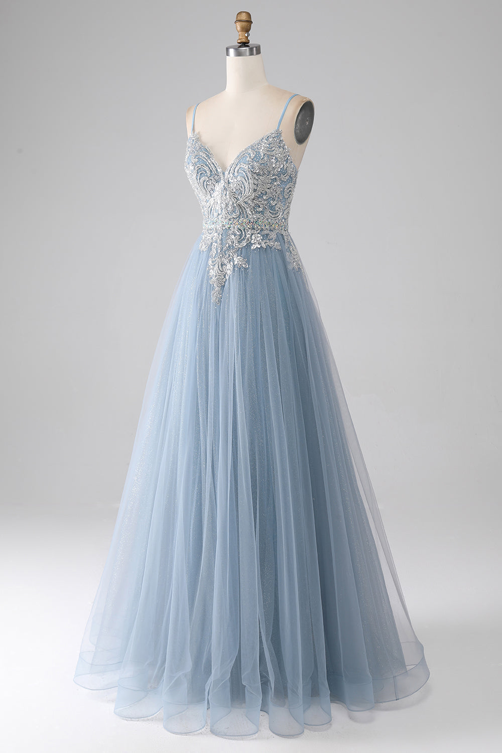 Grey Blue A Line Spaghetti Straps Sparkly Sequin Long Prom Dress