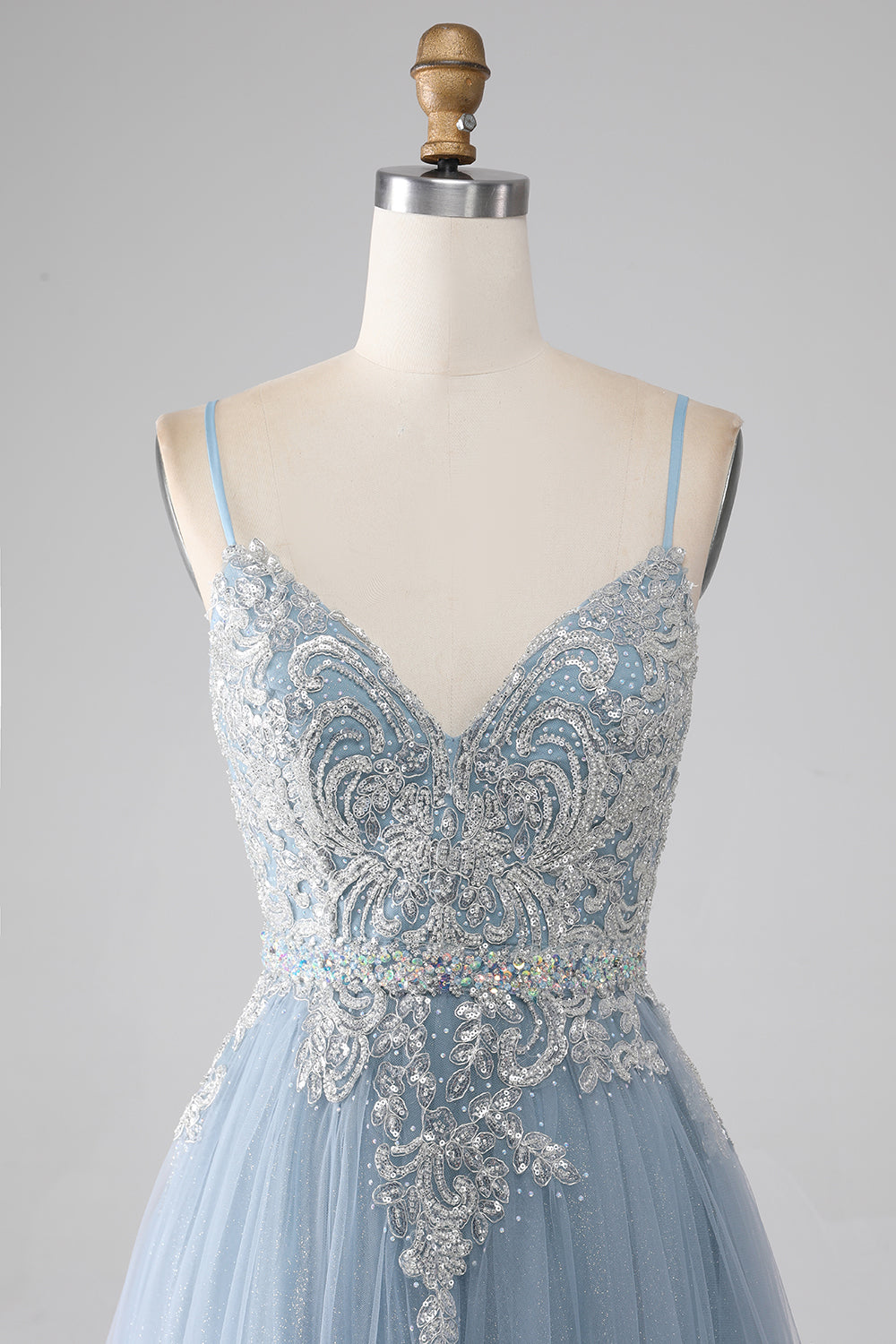 Grey Blue A Line Spaghetti Straps Sparkly Sequin Long Prom Dress