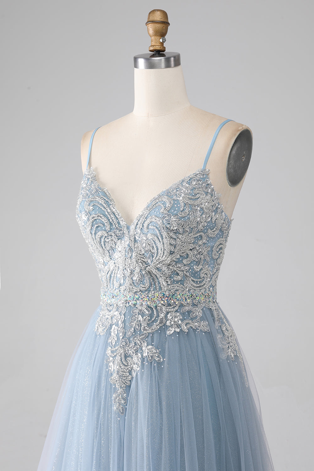 Grey Blue A Line Spaghetti Straps Sparkly Sequin Long Prom Dress