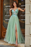 Light Green Appliques A Line V Neck Tulle Long Beaded Prom Dress With Slit