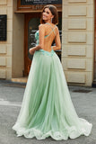 Light Green Appliques A Line V Neck Tulle Long Beaded Prom Dress With Slit