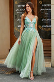 Light Green Appliques A Line V Neck Tulle Long Beaded Prom Dress With Slit