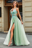 Light Green Appliques A Line V Neck Tulle Long Beaded Prom Dress With Slit