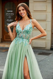 Light Green Appliques A Line V Neck Tulle Long Beaded Prom Dress With Slit
