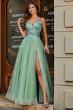 Light Green Appliques A Line V Neck Tulle Long Beaded Prom Dress With Slit