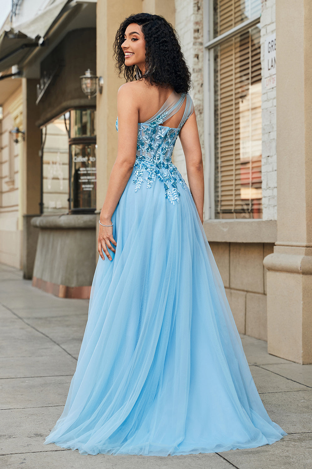 Light Blue A Line One Shoulder Long Corset Prom Dress With Appliques