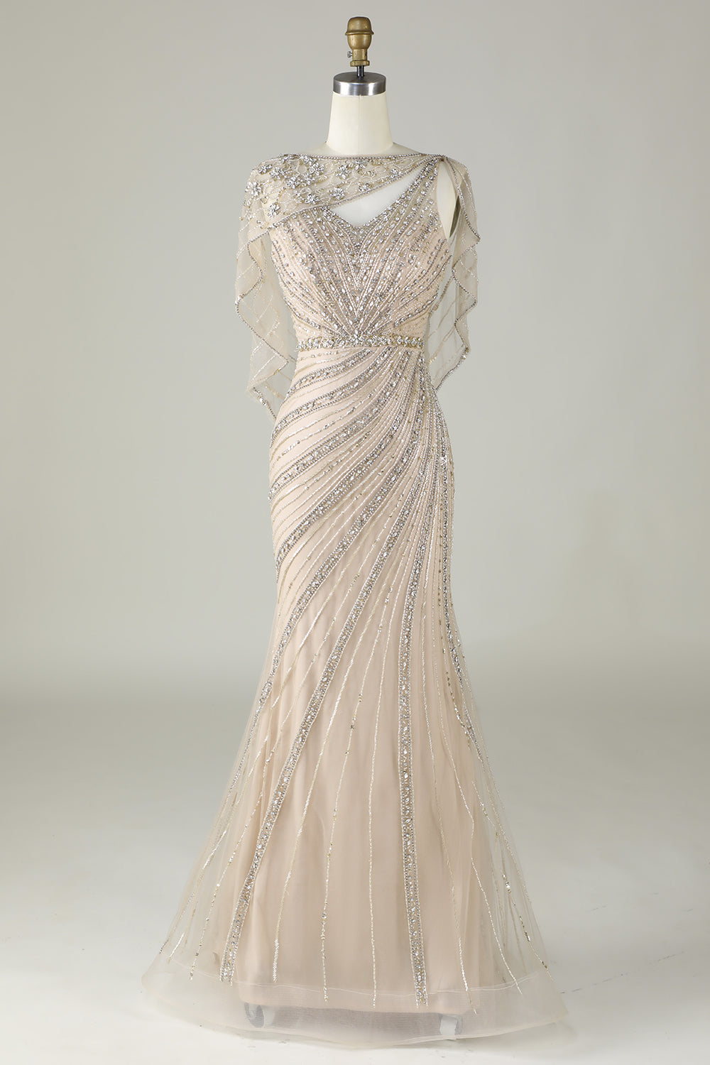 Leely Women Sparkly Champagne Beaded Mermaid Long Prom Dress with Wrap Spaghetti Straps Evening Formal Red Carpet Dress