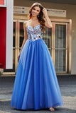 Royal Blue A Line Sweetheart Long Mirrors Corset Prom Dress