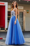Royal Blue A Line Sweetheart Long Mirrors Corset Prom Dress