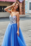 Royal Blue A Line Sweetheart Long Mirrors Corset Prom Dress