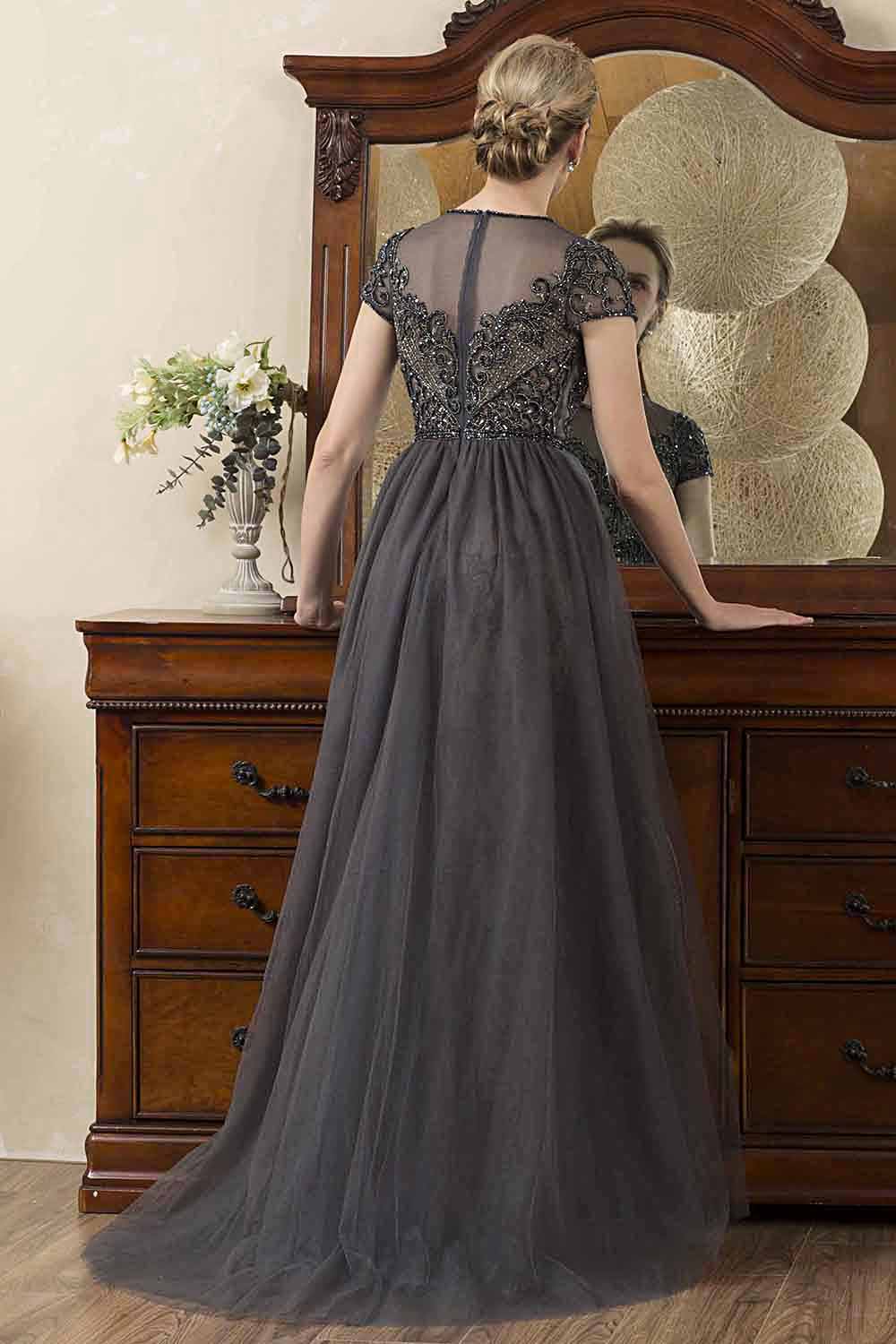 Sparkly Grey A Line Tulle Beaded Mother of Bride Dress