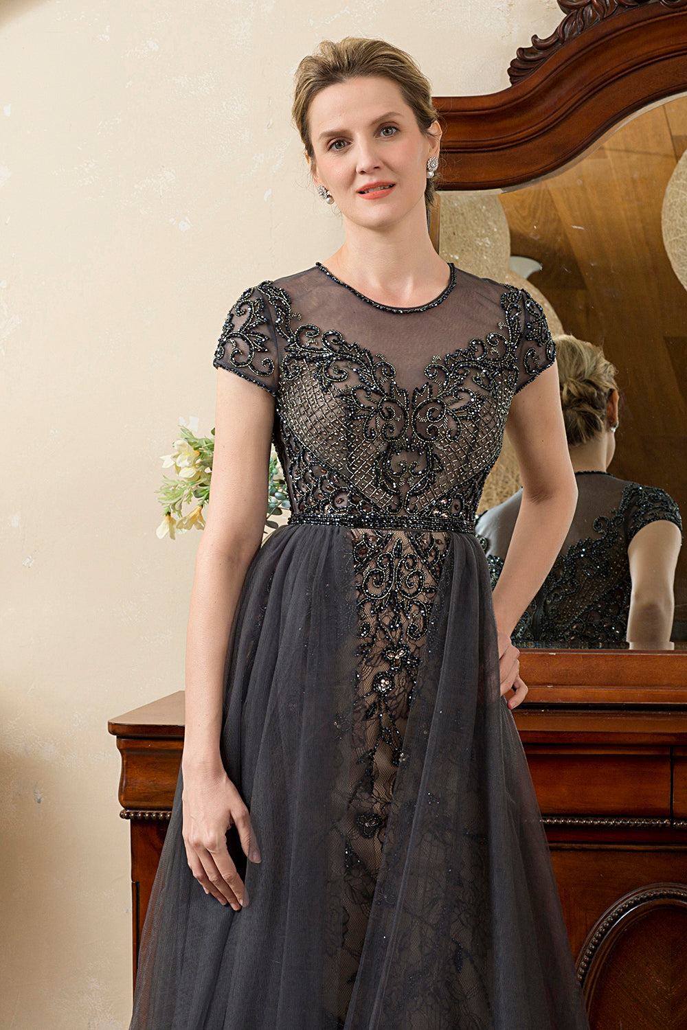 Sparkly Grey A Line Tulle Beaded Mother of Bride Dress