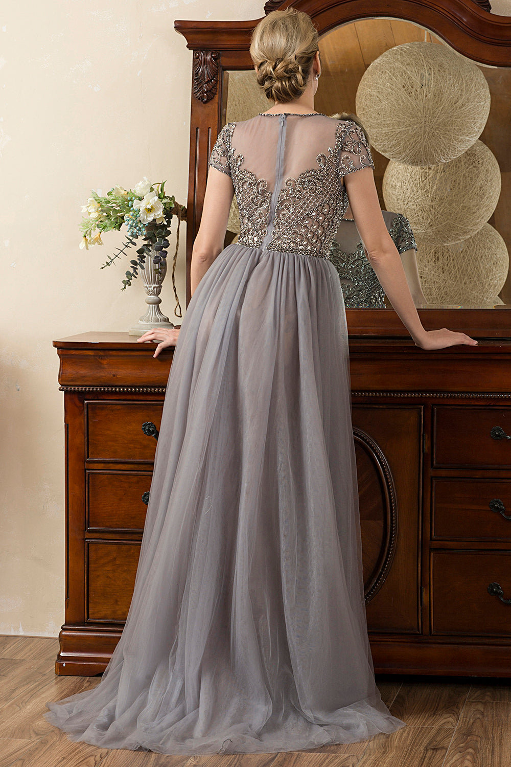 Sparkly Grey A Line Tulle Beaded Mother of Bride Dress