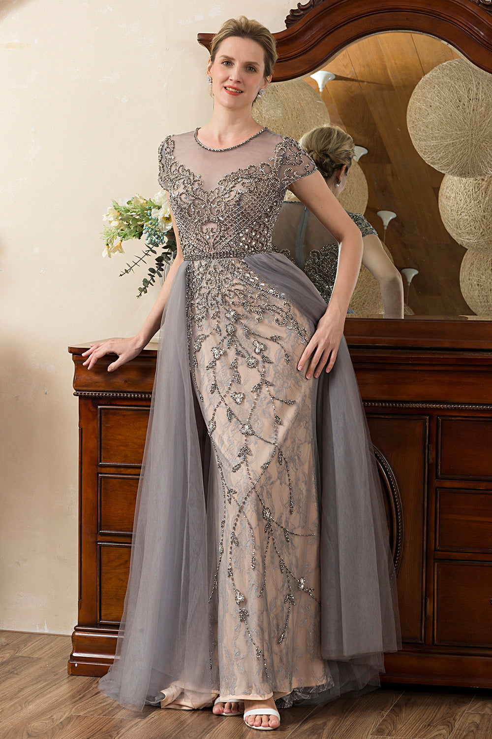Sparkly Grey A Line Tulle Beaded Mother of Bride Dress