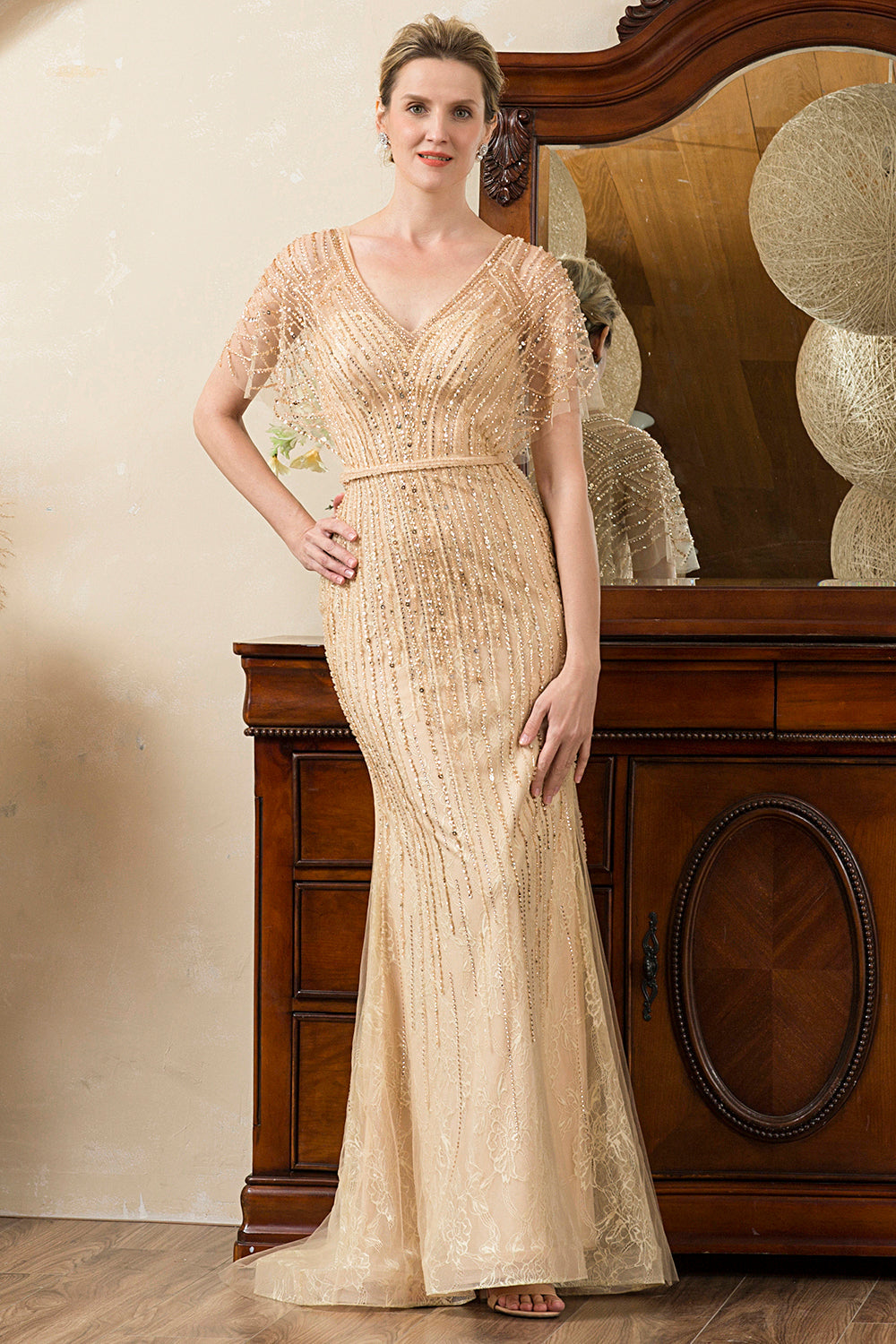 Sparkly Golden Mermaid Beading Mother of Bride Dress