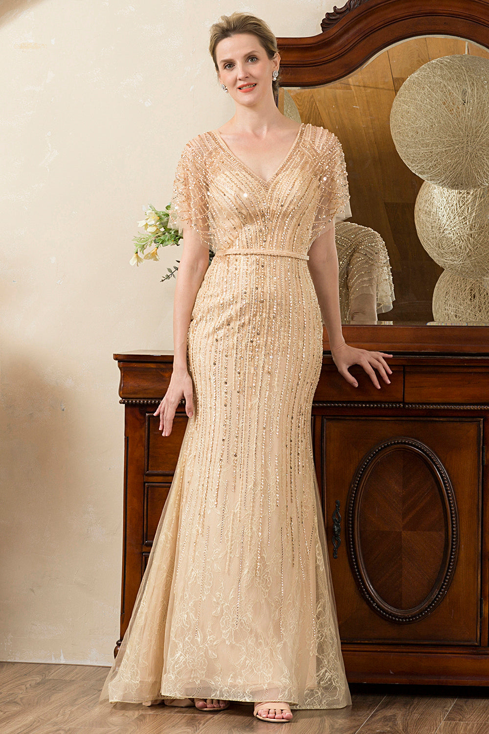 Sparkly Golden Mermaid Beading Mother of Bride Dress