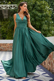 Green Deep V Neck Long Bridesmaid Dress