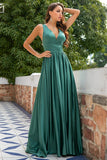 Green Deep V Neck Long Bridesmaid Dress