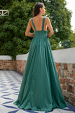 Green Deep V Neck Long Bridesmaid Dress