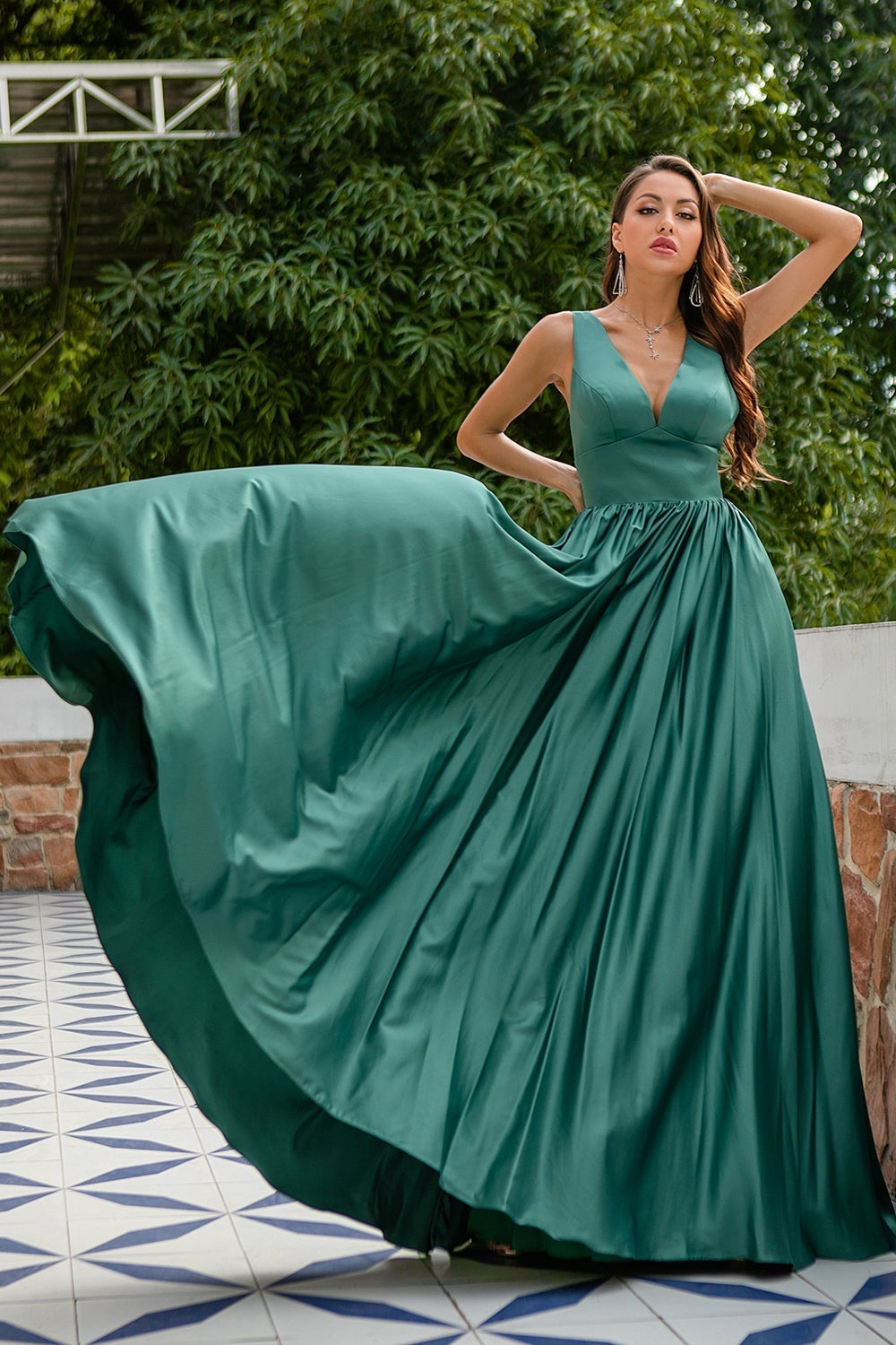 Green Deep V Neck Long Bridesmaid Dress
