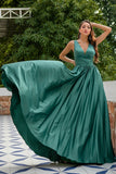 Green Deep V Neck Long Bridesmaid Dress