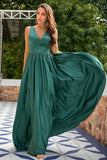 Green Deep V Neck Long Bridesmaid Dress