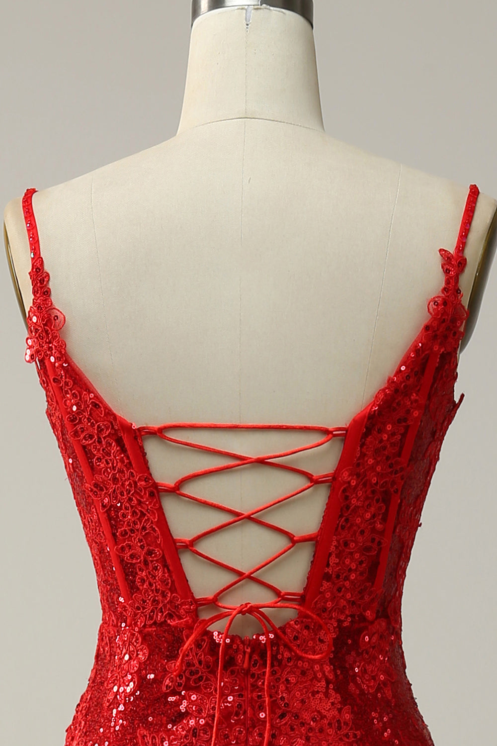 Spaghetti Straps Appliques Red Prom Dress with Slit