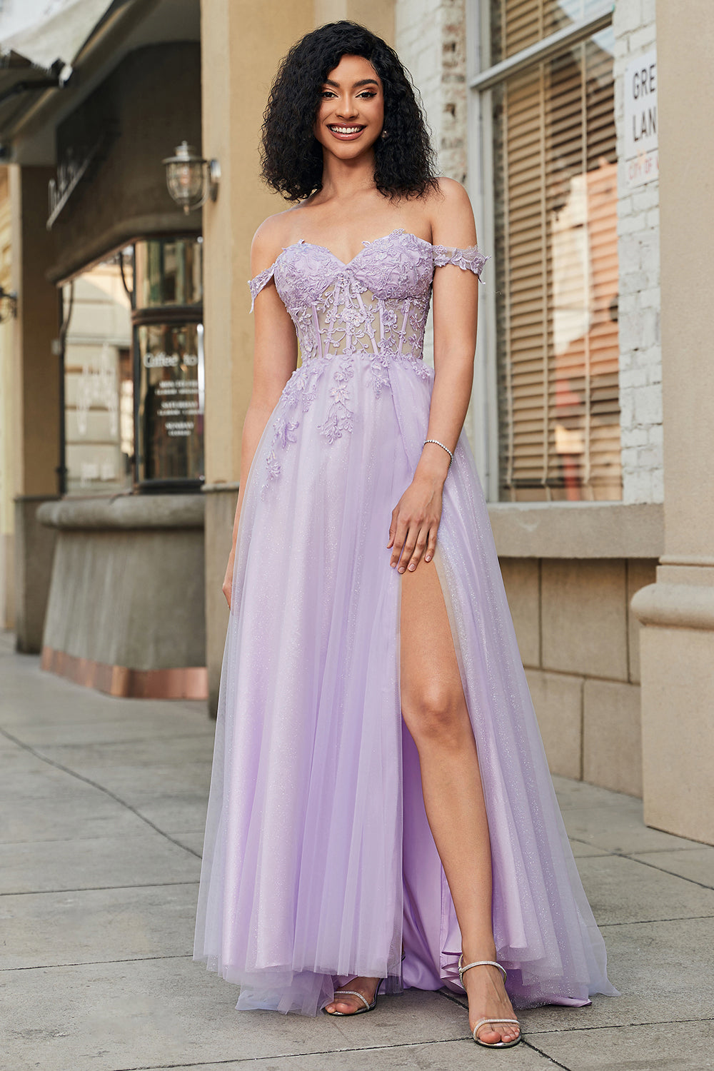 Purple A Line Off the Shoulder Long Corset Prom Dress With Appliques