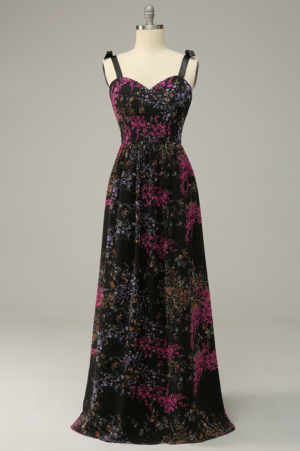 A Line Spaghetti Straps Black Mixed Flower Plus Size Prom Dress