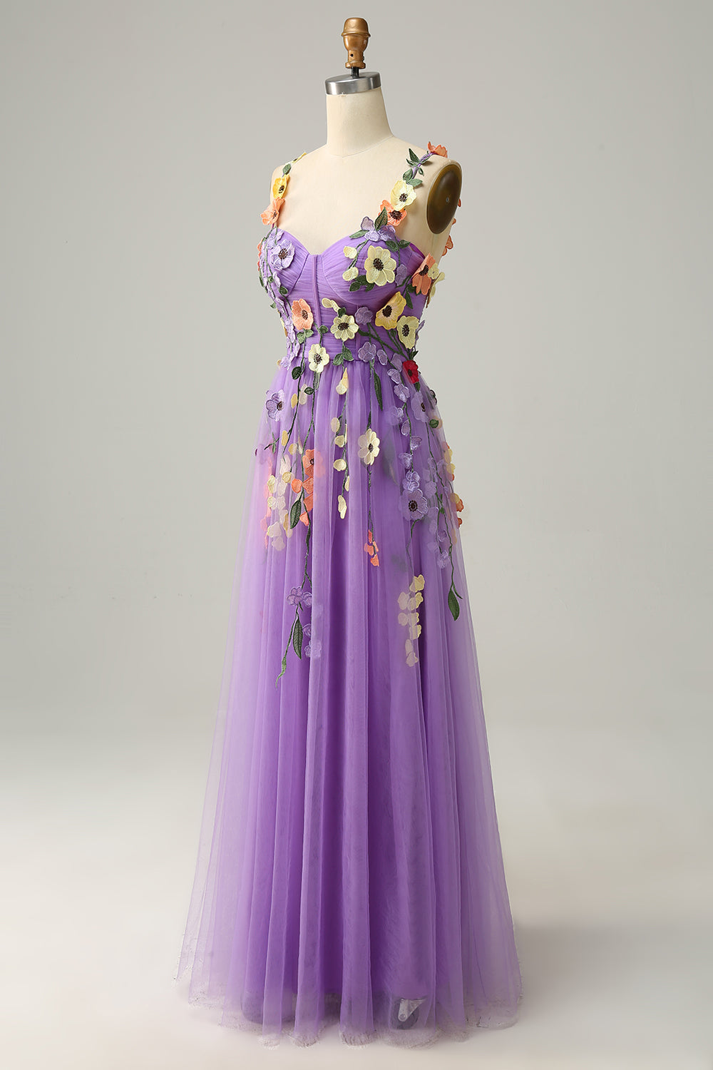 A Line Spaghetti Straps Purple Long Prom Dress with 3D Flowers